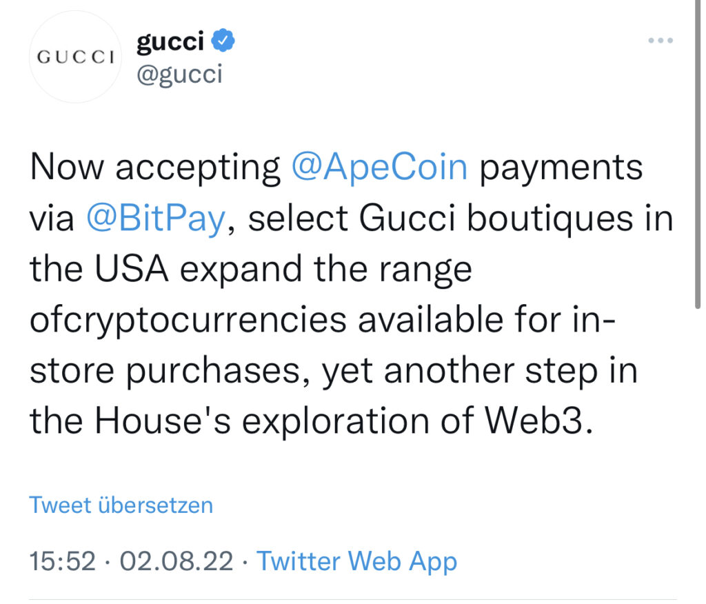 Gucci aktzeptiert ApeCoin als Zahlungsmittel